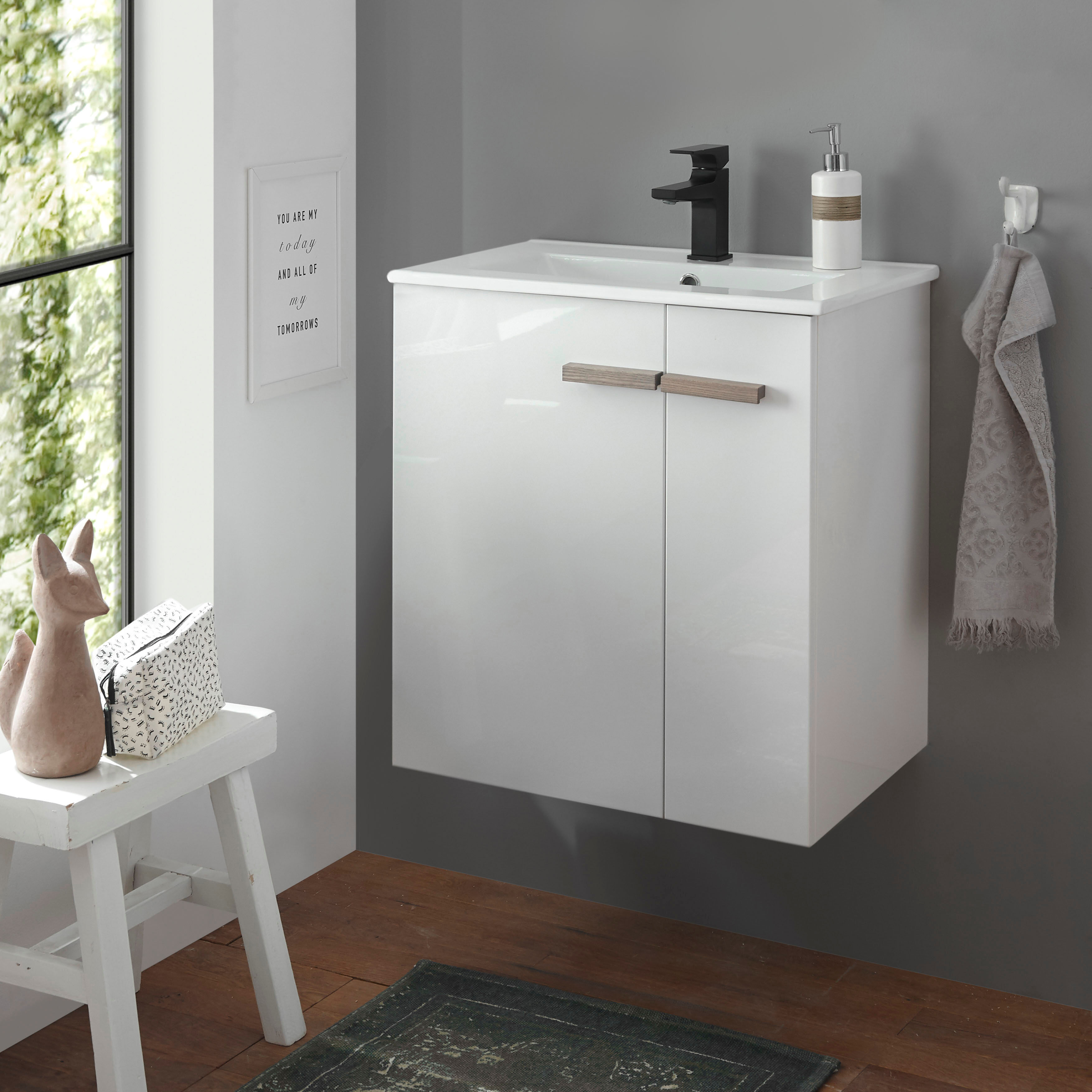 Waschtisch HOME AFFAIRE "SOLiD, Unterschrank inkl. Waschbecken, Badschrank mit Holzgriffe", weiss (weiß lackiert hochglanz), B:60cm H:70cm T:40cm, Waschtische, Waschtisch, in zwei Farben verfügbar, inkl. Waschbecken, Breite 60 cm weiß lackiert hochglanz B