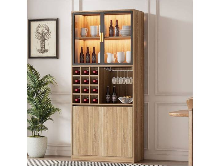 VUENOR Colonne de salle de bain 80x40x180 cm naturel – portes vitrées LED