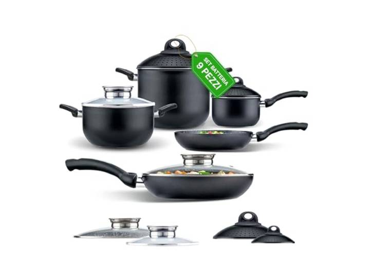 Avilia 9-teiliges Kochgeschirr-Set aus Aluminium mit Antihaftbeschichtung in Steinoptik, ideal für alle Herdarten mit Gas, Elektro und Induktion, spülmaschinenfest