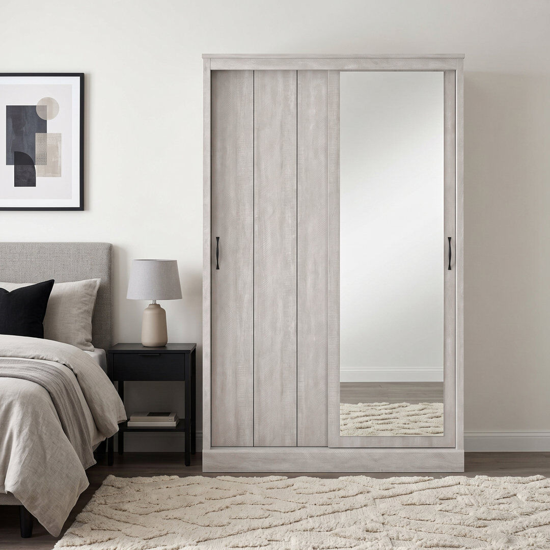 Marlow Home Co. Bristol 2 Door Sliding Wardrobe with Mirror Dusty Grey Oak 180.3cm H X 113cm W X 58.6cm D