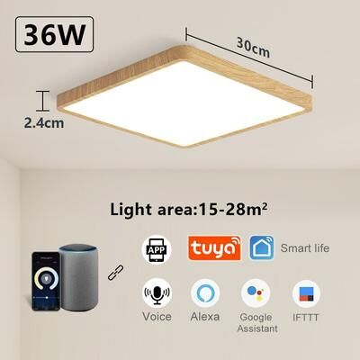 Evergreen Home Goods Smart Ceiling Lamp, Wood Grain Square Design, Alexa And Google Home Voice Control, Modern LED Ceiling Light tuya