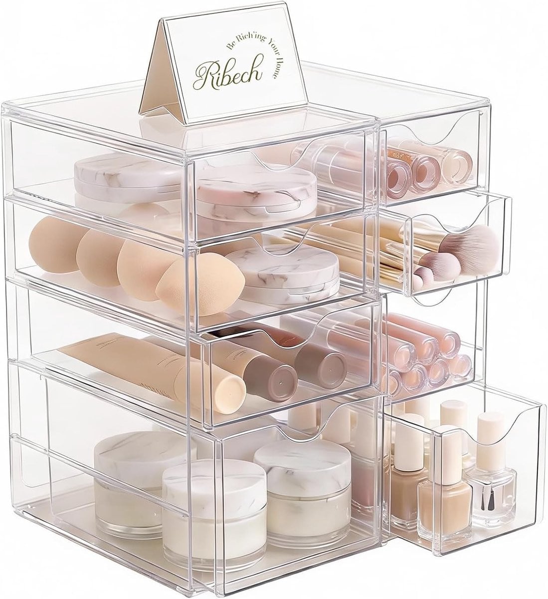 8-delige transparante bureau-organizer met lades voor make-up, kantoorbenodigdheden en gereedschap