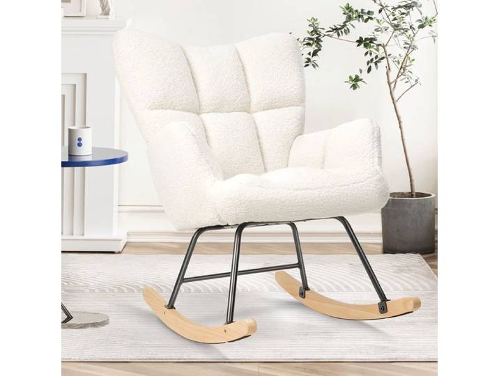 Fauteuil à Bascule Rocking Chair Fauteuil Allaitement avec Accoudoirs Pieds en Bois Massif Fauteuil pour Chambre Salon Blanc