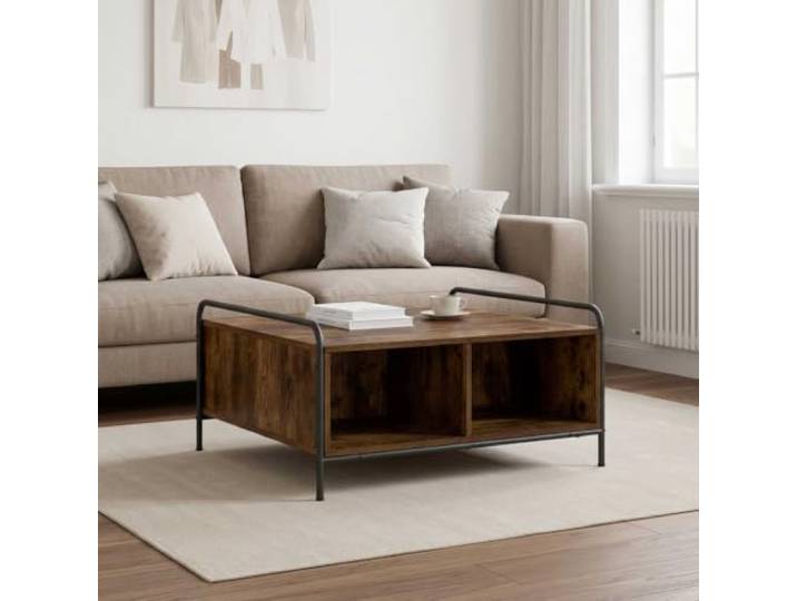 KMVXCVNM Couchtisch Räuchereiche 80x80x41 cm Holzwerkstoff Stahl Vier offene Fächer schaffen Ordnung im Wohnzimmer, während das verzinkte Stahlgestell verlässliche Tragkraft sichert.