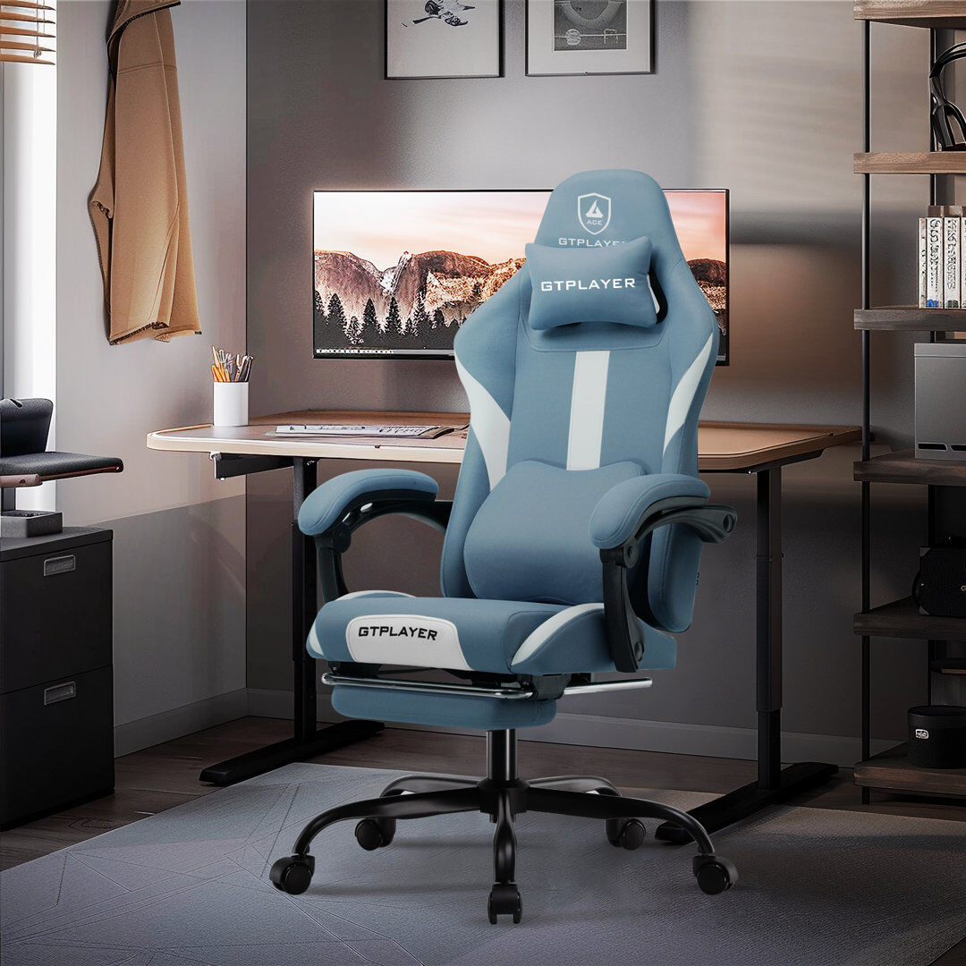 GTPLAYER Adjustable Swiveling PC & Racing Game Chair Blue 125cm H X 55cm W X 50cm D