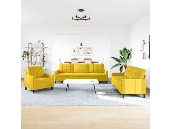 KTHLBRH 3-teiliges Sofaset aus gelbem Samt mit Kissen Gestell aus robustem Metall, Füllung aus Schaumstoff, 1 Sofa, 1 2-Sitzer-Sofa, 1 3-Sitzer-Sofa