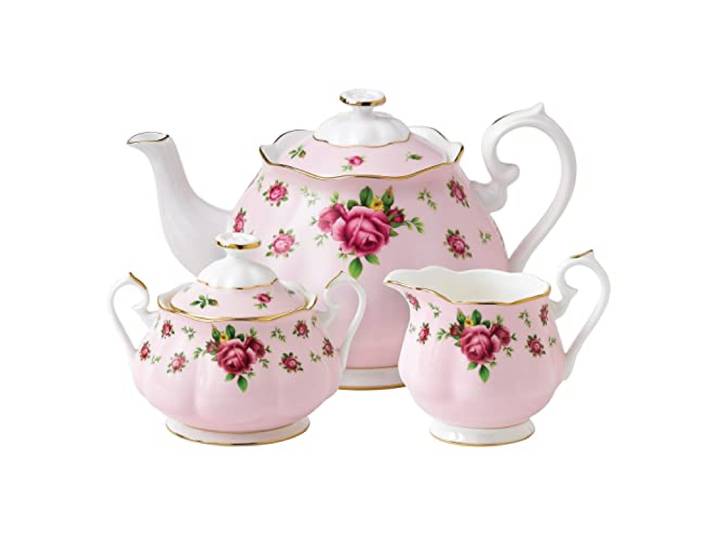 Royal Albert Modern Vintage NCRPNK25823 Teekanne, Zuckerdose, Milchkännchen, 3-teiliges Set, NCR, Bone China, 1,2 l, Country Roses Pink
