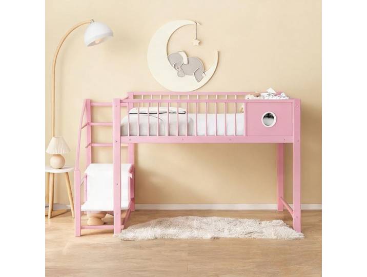 Lit mezzanine bas enfant 90x200 cm en métal rose avec rangements intégrés
