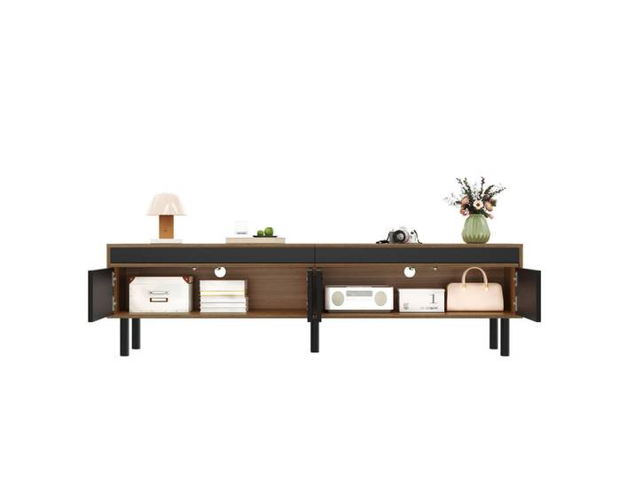 Flieks Tv-Schrank 170cm 4 Türen Schwarz Holzoptik modern, 38x47x170 cm, Wohnzimmer, TV Möbel, Lowboards, Lowboards stehend