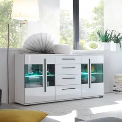Wohnzimmer Sideboard in Weiß Hochglanz Glastüren