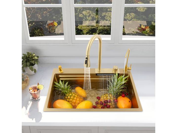 Ensemble d'évier de cuisine avec cascade, évier de cuisine moderne en acier inoxydable 304 avec robinet extractible 75x46cm