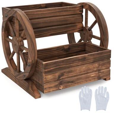 Costway 2-Tier Raised Garden Bed Rustic Wood Wagon Shape with Drainage Holes and Wheels-Coffee
