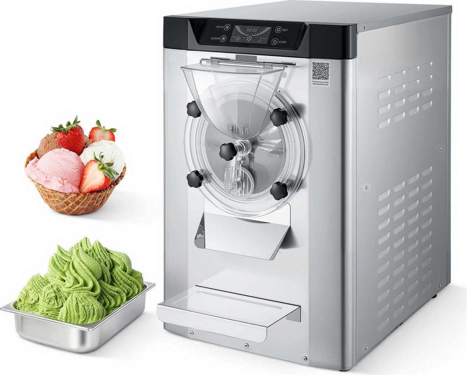 Eismaschine Eiscrememaschine - Gewerbe-Tischgerät - 2000 W - 12-20 L/h - 6 L Edelstahlbehälter 304 - Selbstreinigung - LED-Bedienfeld - Für Gelato - Silber