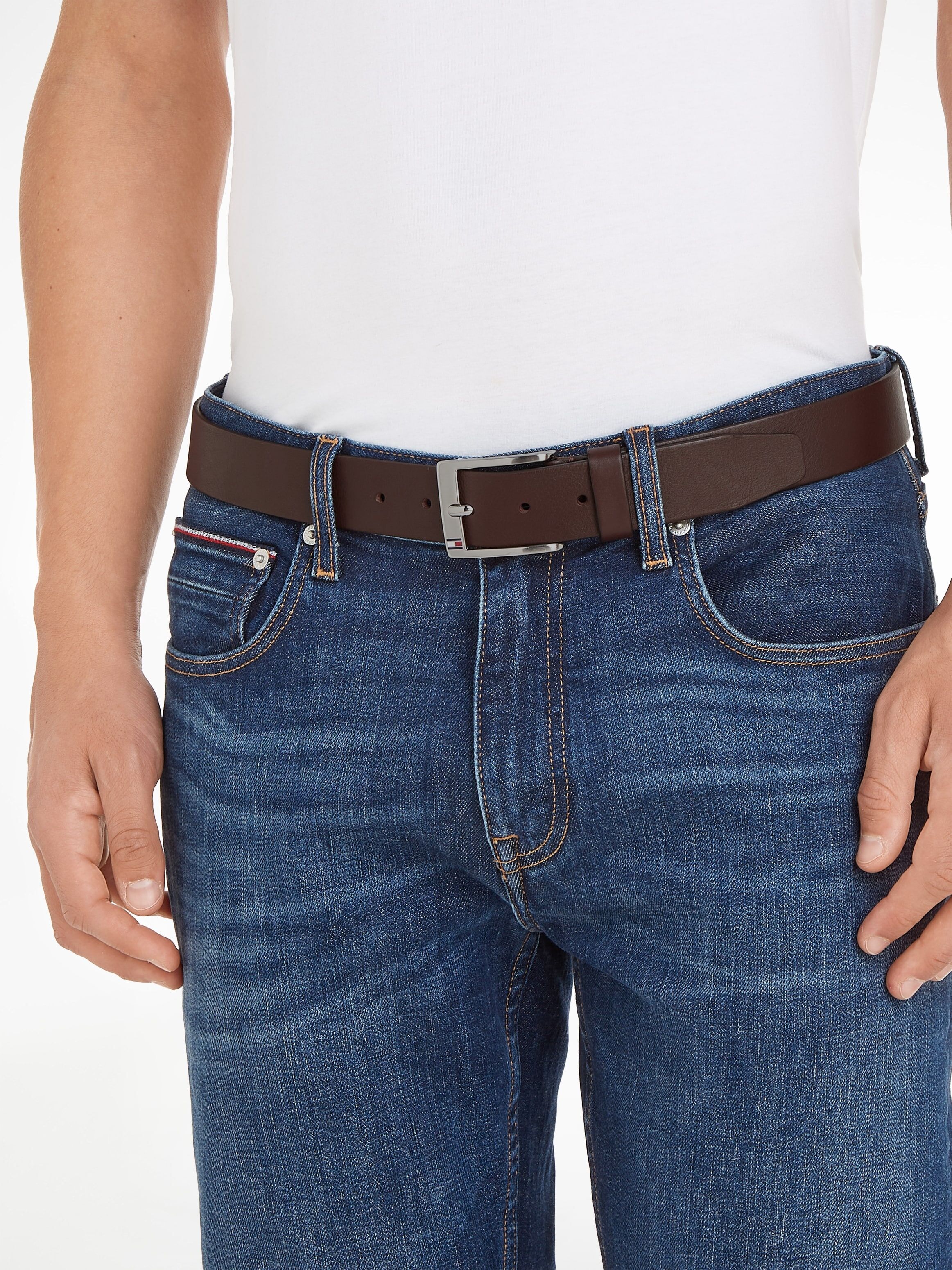 Ledergürtel TOMMY HILFIGER "New Aly Belt 3,5 cm breit", Herren, Gr. 100, braun (dunkelbraun), Leder, Gürtel Ledergürtel, mit quadratischer Logo-Metallschnalle
