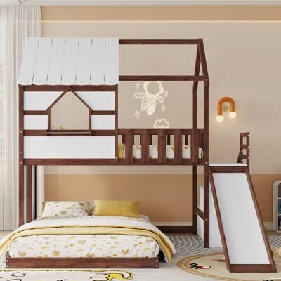 GREATPLANINC Twin over Full Size House Bunk Bed with Slide Storage Staircase Guardrails
