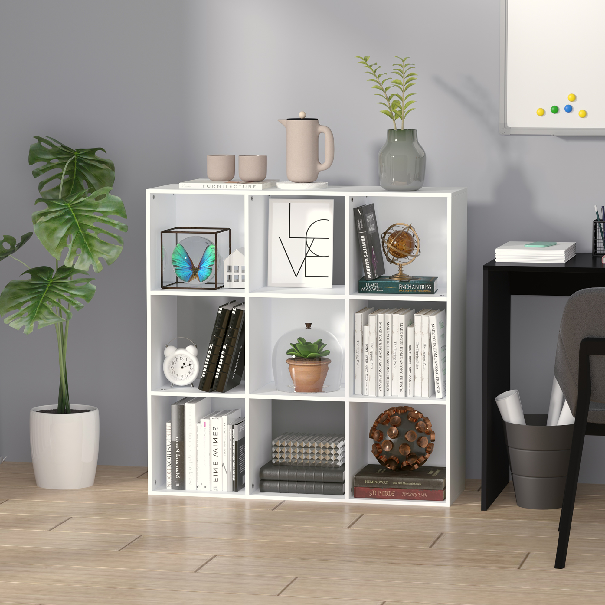 Homcom Libreria Bianca per Casa e Ufficio, Scaffale dal Design Moderno con 9 Scomparti in Legno, 91.5x29.5x91.5 cm   Aosom Italy