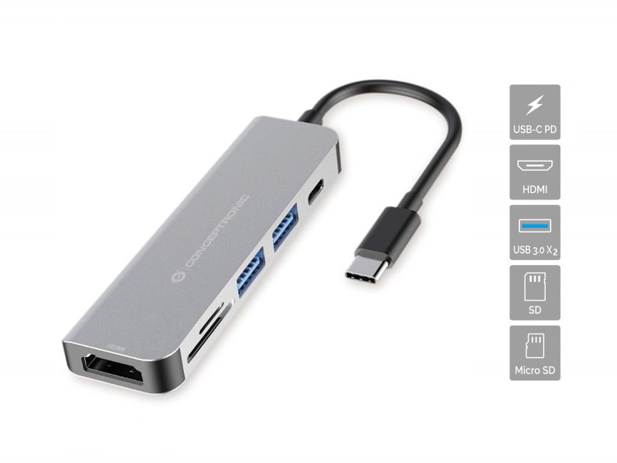 Conceptronic DONN02G Multifunktionaler 6-in-1 USB Adapter USB-A 3.0 x 2 USB-C PD