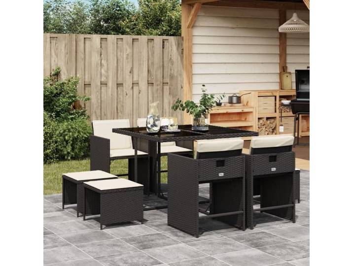 VIDAXL Ensemble Table avec chaises jardin (9 pcs) - ANTI-UV - coussins - noir résine tressée 110x106x73 cm M6368