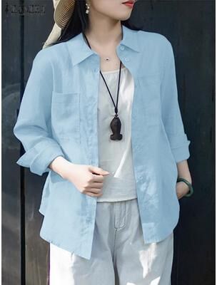 On Spot Shop ZANZEA Womens Oversized Shirt, Casual Long Sleeve Button Up Top, Cotton Street Fashion Chemise For Spring And Fall s blue