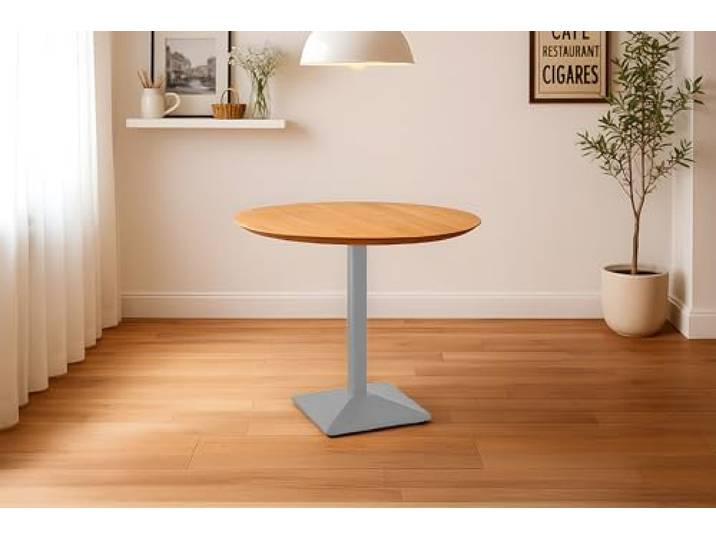 SAM Bistrotisch Brasilia, 90x90 cm, Akazie Natur, Gestell Silber Akazienholz massiv, Schweizer Kante, Säulenfuß Metall, pflegeleichter Küchentisch/Kleiner Esstisch/runder Säulentisch