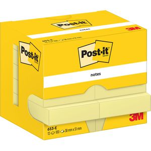 Post-it Haftnotizen Notes, 653-E, gelb, 38 x 51mm, selbstklebend, 12x 100 Blatt