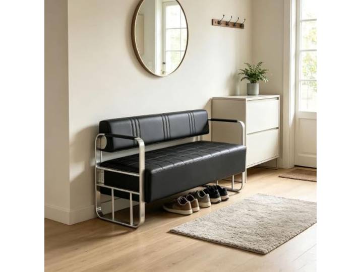 Wartezimmerbank mit Rückenlehne Sofa für den Empfangsbereich, Lobbybank Edelstahlgestell, gepolsterte Sitzfläche aus PU-Leder für Büro, Praxis, Lounge und Zuhause(Silver,150cm/59.1in)