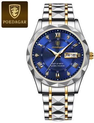 Youfap Market Waterproof Stainless Steel Luminous Man Wristwatch, Luxury Business Men Watches, Date Week Quartz Sport Watch gold Blue