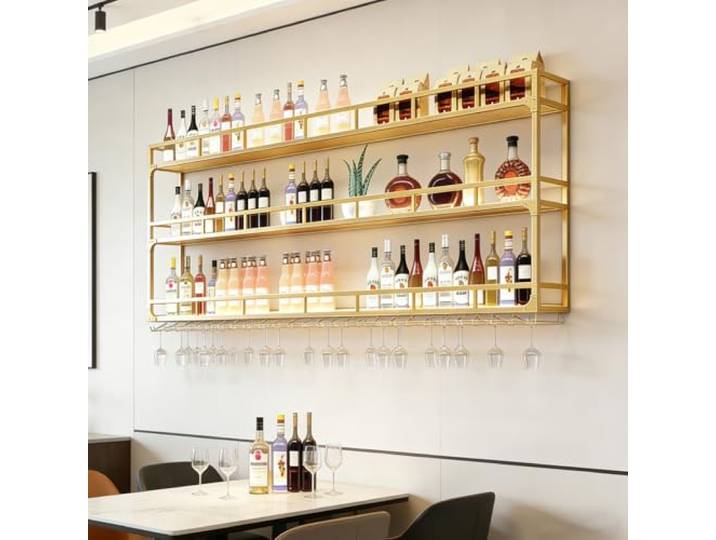 amhricho Weinregal Wand, 3 Ebenen Wand-Weinregale mit Glashalter, Multi funktionaler Weinpareite Display Rack,Weinflaschenhalter Wandmontage, für Zuhause, Bar, Küche, Restaurant (GOLD, 180*25*90cm)