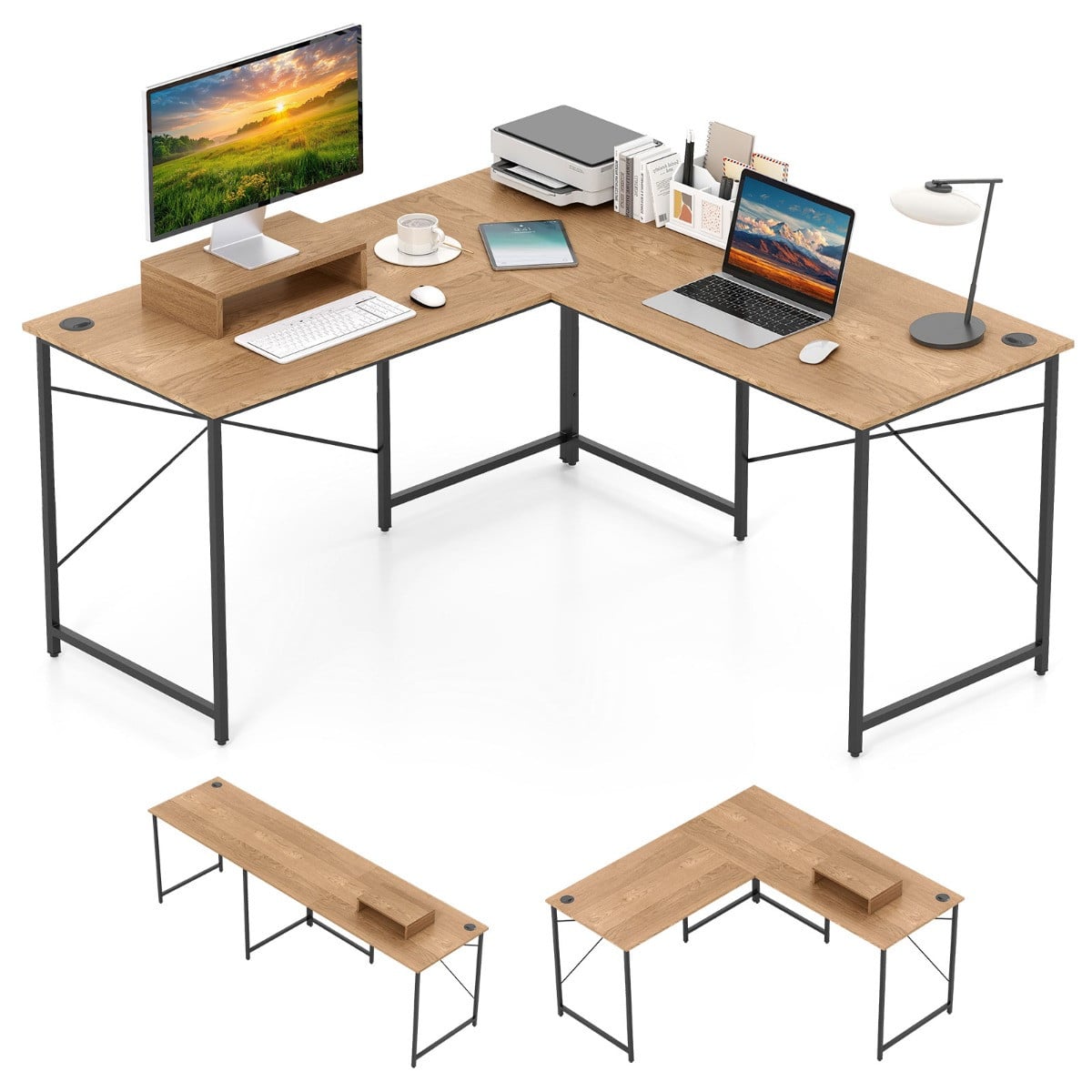 Costway L-vormig computerbureau 240 cm met verwijderbare monitorbevestiging