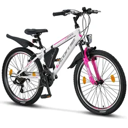 Licorne Bike Guide Premium Mountainbike in 20, 24 und 26 Zoll - Fahrrad für Mädchen, Jungen, Herren und Damen - Shimano 21 Gang-Schaltung, Kinderfahrrad, Kinder Farbe:Weiß/Rosa;Zoll:24