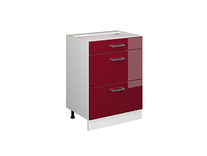 Vicco Unterschrank R-Line , Bordeaux Hochglanz 60 cm mit Schubladen, ohne Arbeitsplatte, geeignet zur Aufbewahrung von Reinigungs- und Haushaltszubehör
