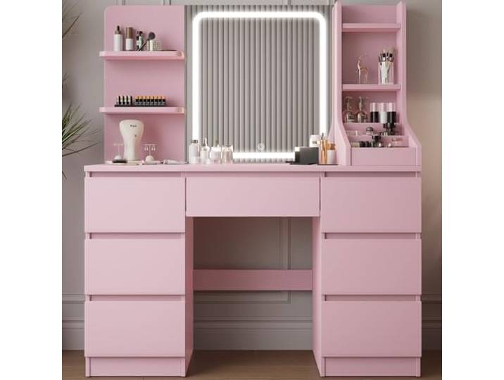 TRIUMPHKEY Schminktisch mit LED Beleuchtung,Einstellbarer Helligkeit,Frisiertisch mit Spiegel,Moderner Kosmetiktisch mit 7 Schubladen, 4 Ablagen und 3 offenen Fächern für das Schlafzimmer (Rosa)