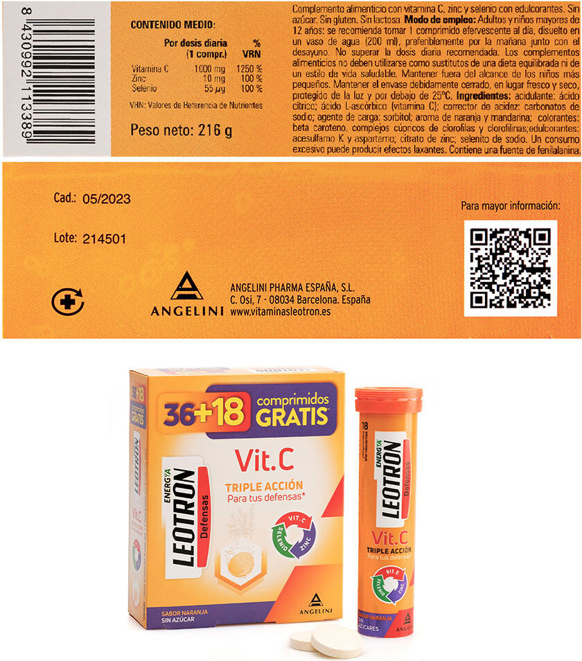 Leotron Vitamine C triple action comprimés effervescents 36 + 18 en cadeau #Orange