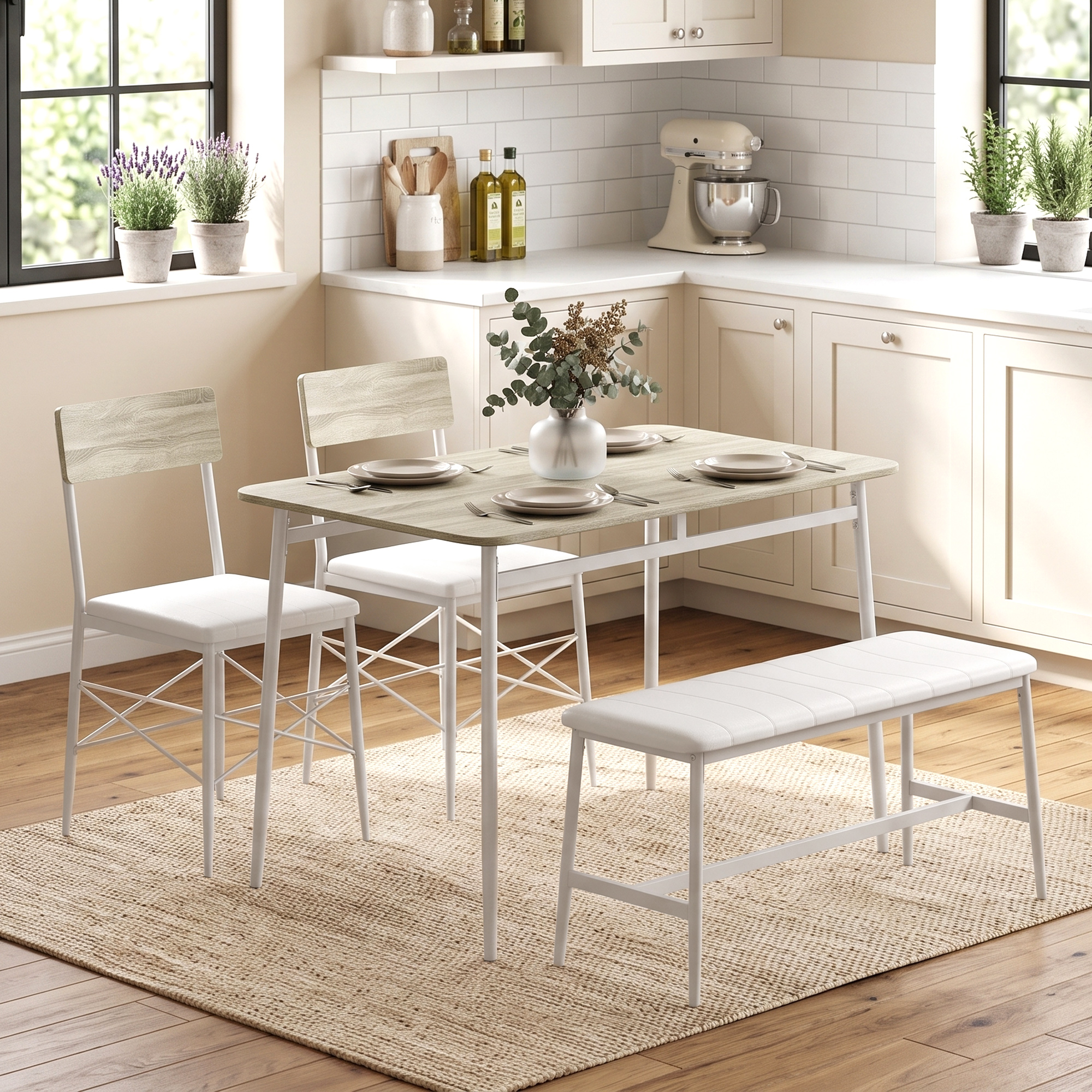Homcom Set tavolo da pranzo con 2 sedie e panca imbottite, rovere e bianco   Aosom Italy