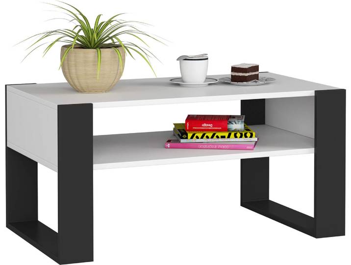 Couchtisch AKORD DOMI Kaffeetisch Weiß 92 cm Front Schwarz B92 x H45 x T53 cm