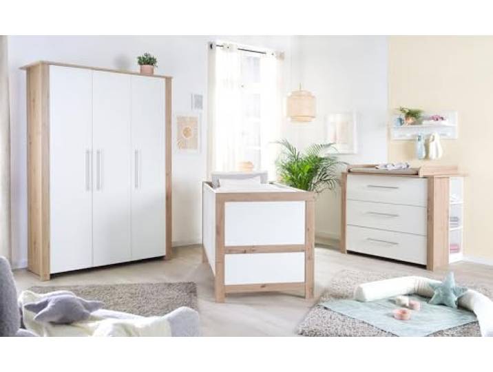 roba Kinderzimmer Set 3-teilig Malo - Gitterbett 70 x 140 cm + Wickelkommode + Kinderkleiderschrank 3-türig - Holz weiß lackiert/Holzdekor Artisan Eiche