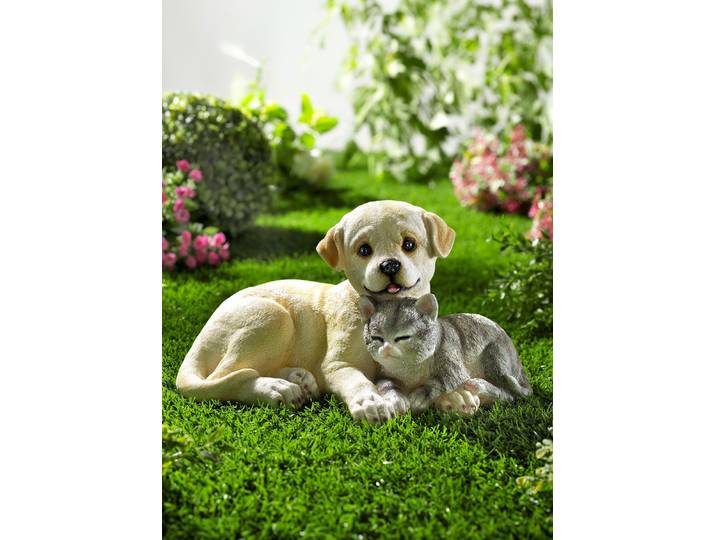 Hund und Katze aus Polyresin, Beige-Grau-Weiss