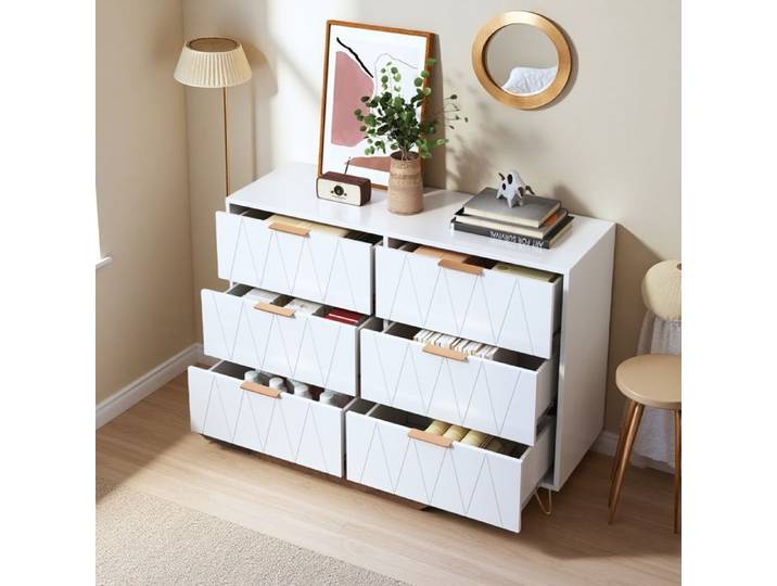 Commode à six tiroirs - Commode de salon -Anajqaqia- Meuble de rangement avec façade en placage à losanges blancs -Style scandinave