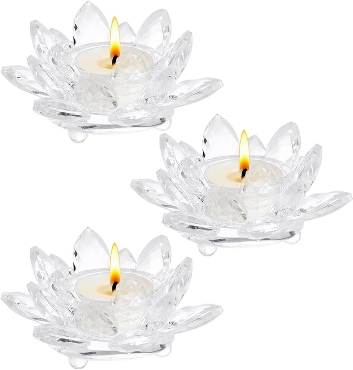 Set van 3 Kristallen Lotus Bloem Tealight Kaarsenhouders - Glazen Votive Houder voor Tafeldecoratie