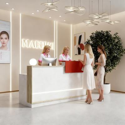 WESOME Reception Desk with Counter Drawer Keyboard Tray Cabinet & LED, White Stone Look & Wood