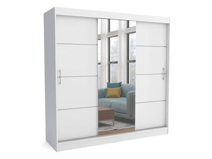 Brent - Kleiderschrank mit Spiegel 200cm Breit Windsor Tomy I Schlafzimmerschrank mit Stangen und Einlegeböden für Kleidung I Kleiderschrank Weiß