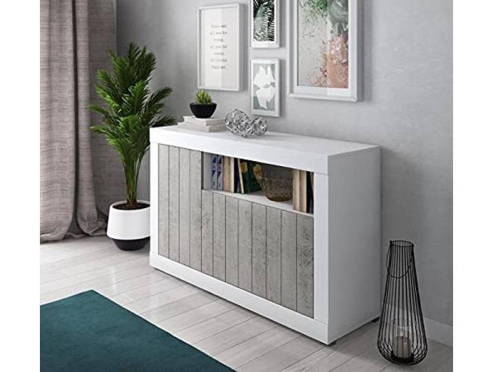 Dmora Modernes Sideboard mit 3 Türen, Küchenbuffet, Sideboard mit Regalen und Regalen, Wohnzimmer TV-Ständer, 138x42xh86 cm, Weiß und Zementfarbe