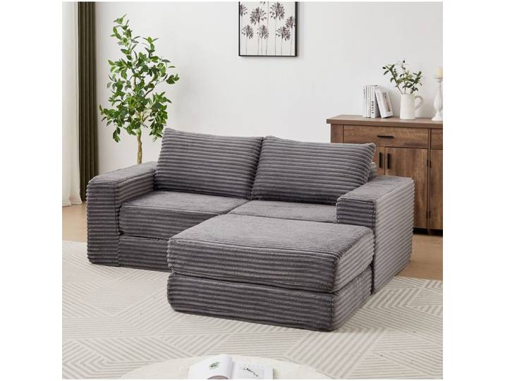 COVREO Canapé-lit 2 places modulable en velours côtelé gris avec pouf amovible