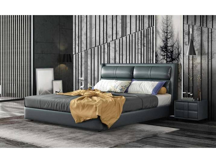 JVmoebel Polsterbett Grau Polster Doppelbett aus Leder mit stabilen Edelstahlfüßen, Made in Europa