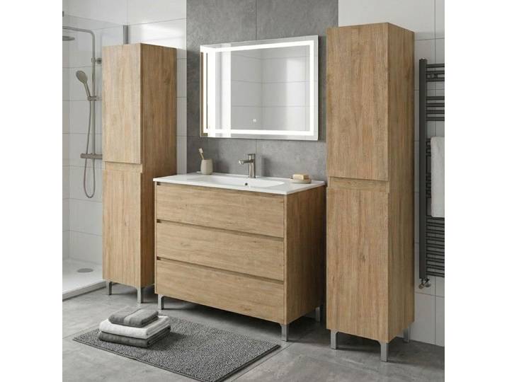 Ensemble meuble vasque L.100cm + 2 colonnes sur pied 3 tiroirs Chêne naturel LISBONA