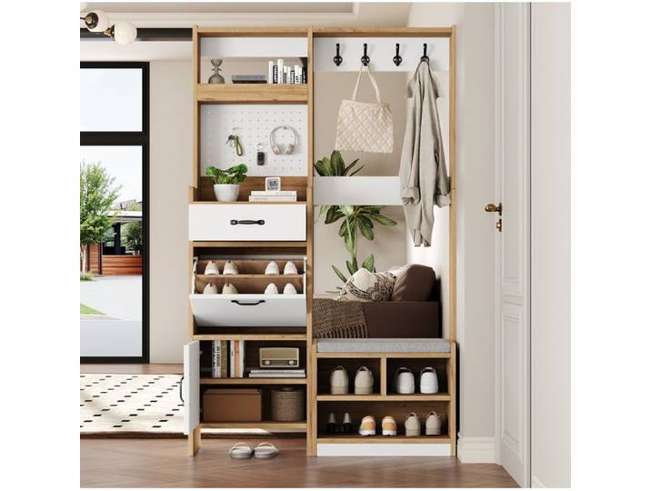 ULEVR Meuble d'entrée multifonction avec banc porte-manteau range-chaussures tiroir et portes blanc naturel