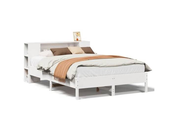 PUGYNBK Bett mit Regal aus Massivholz, weiß, 160 x 200 cm Lattenrost im Lieferumfang enthalten, ohne Matratze, Aufbewahrung im Kopfteil, platzsparend