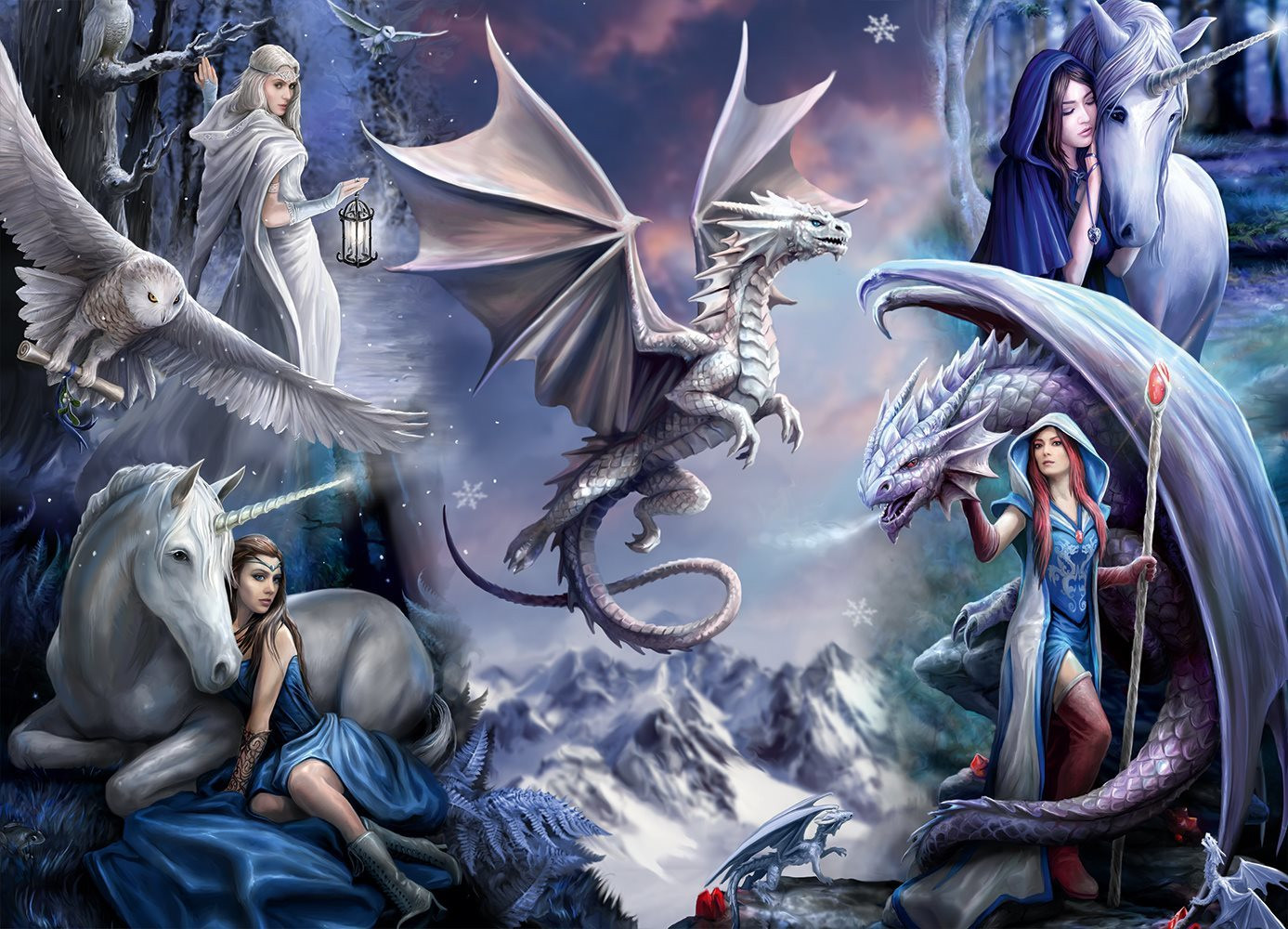 Anne Stokes Bluebird Puzzle Zilveren Draak Collage Puzzel met 1500 stukjes
