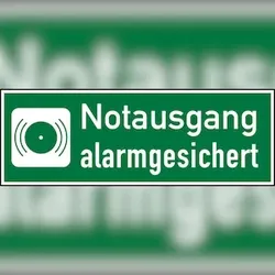 Rettungszeichen, Notausgang alarmgesichert - 300x105 mm Folie selbstklebend, nachleuchtend