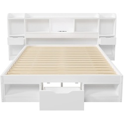 STILVORA Plattformbettgestell Holzwerkstoff Weiß 140x200 cm, mit Stauraum, LED-Licht und USB-Anschluss